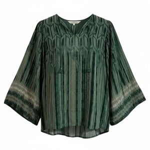 Anita Dongre Blouse Size XS Green Satin Split Neck Tassel Kimono Sleeve Tunic